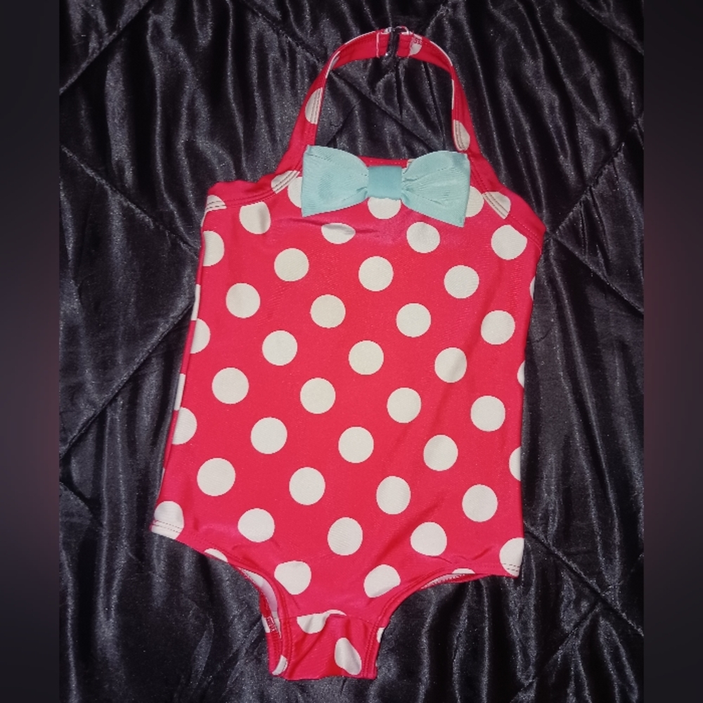 Red White polka dot halter one piece bathing suit
